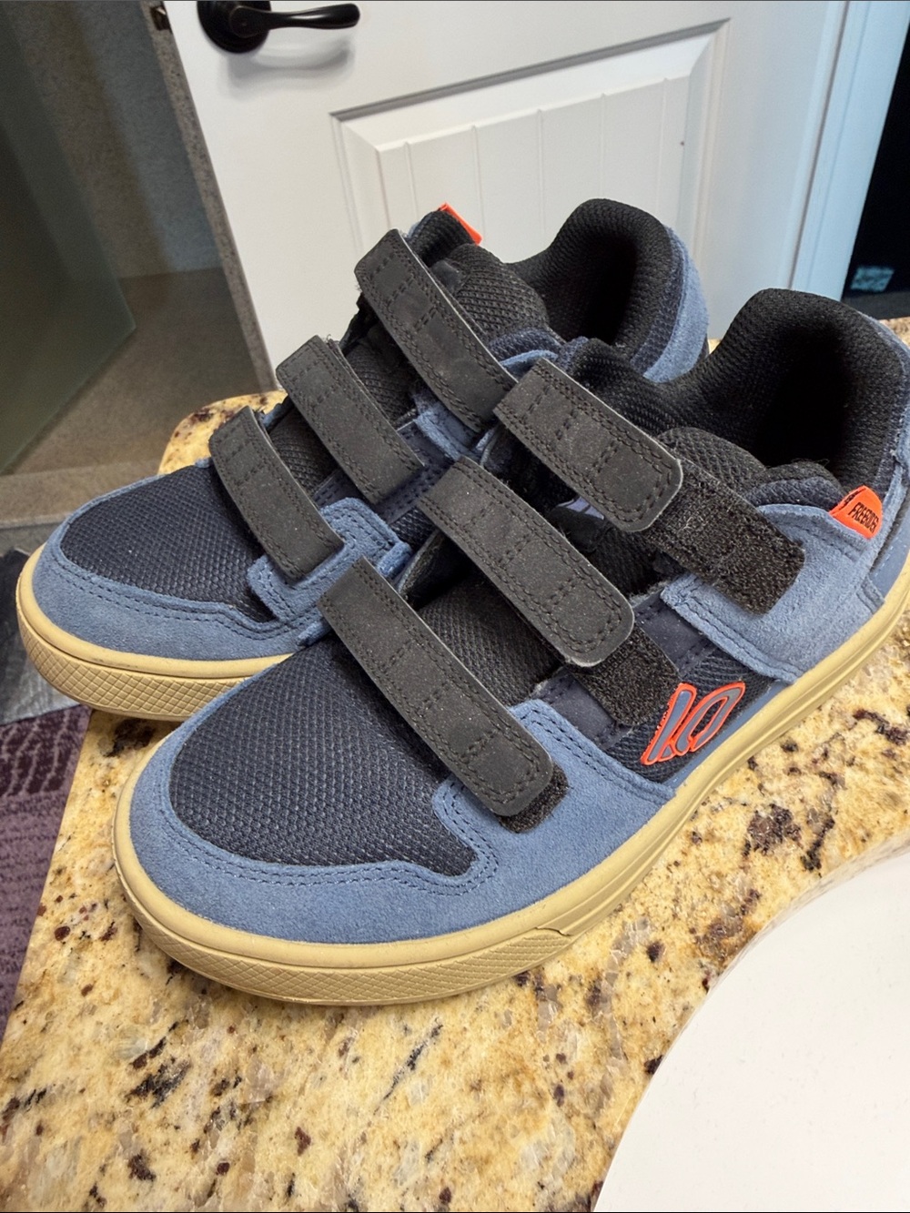 adidas Kids Blue, Black and Tan Velcro Sneakers with Orange Accent FREERIDER